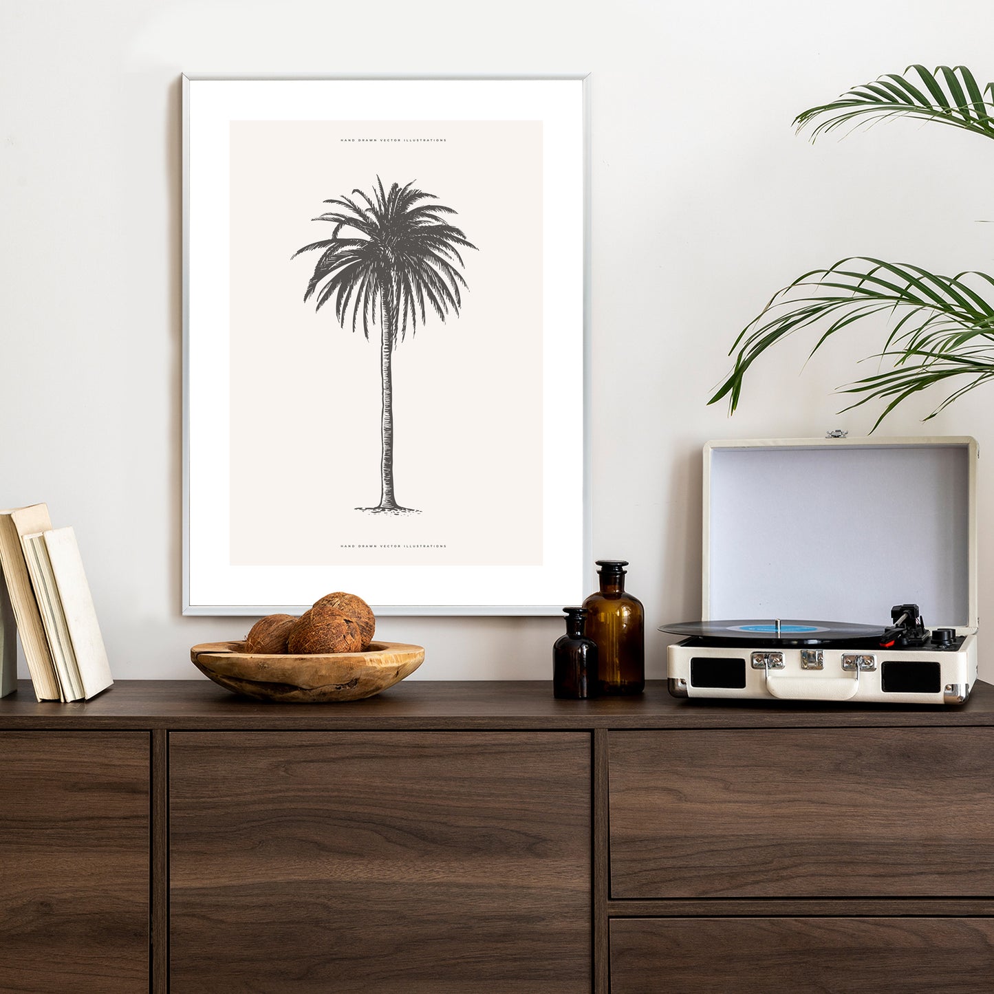 Poster Graue Vintage-Palmenillustration Rahmen Holz Mit Passepartout Farbe Natürlich