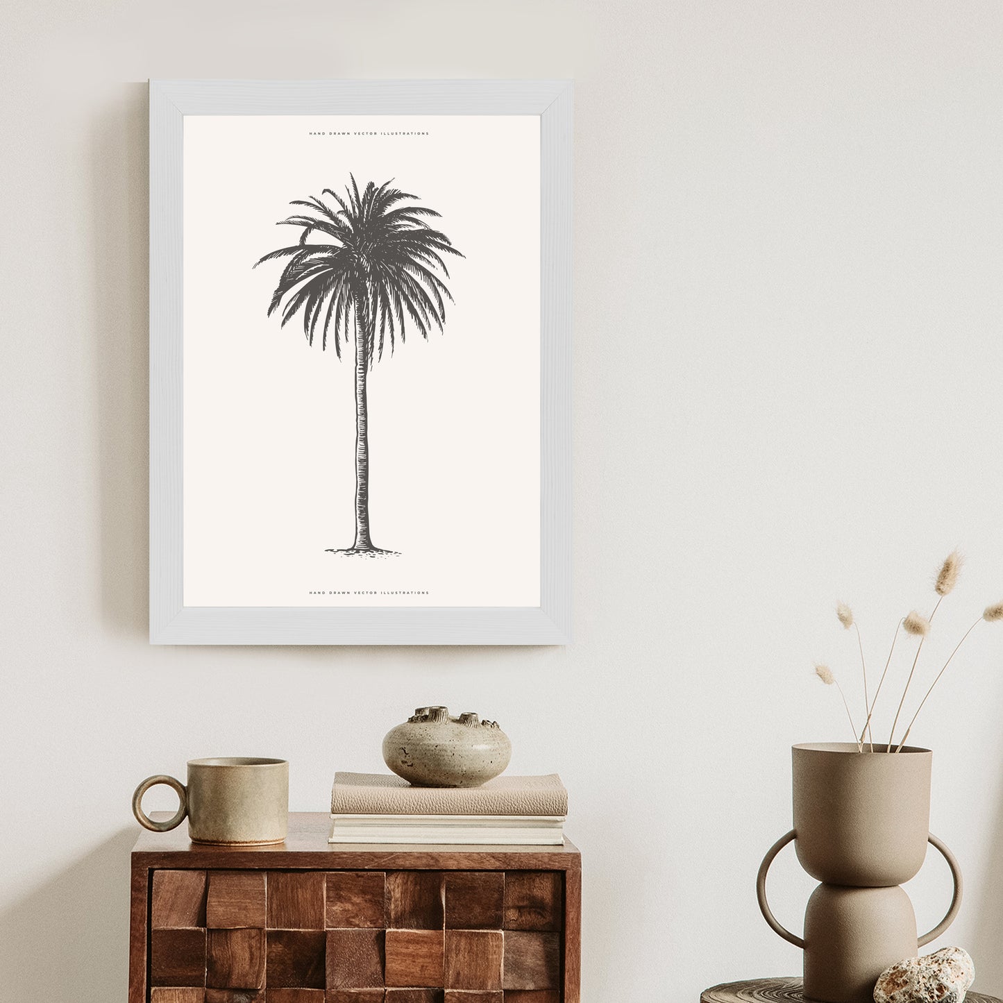Poster Graue Vintage-Palmenillustration Rahmen Holz Mit Passepartout Farbe Natürlich