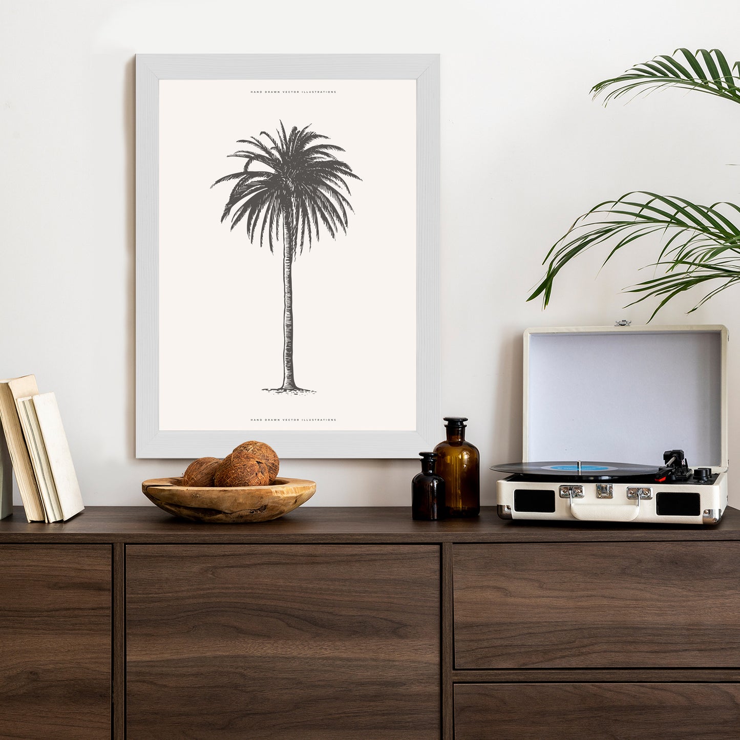 Poster Graue Vintage-Palmenillustration Rahmen Holz Mit Passepartout Farbe Natürlich