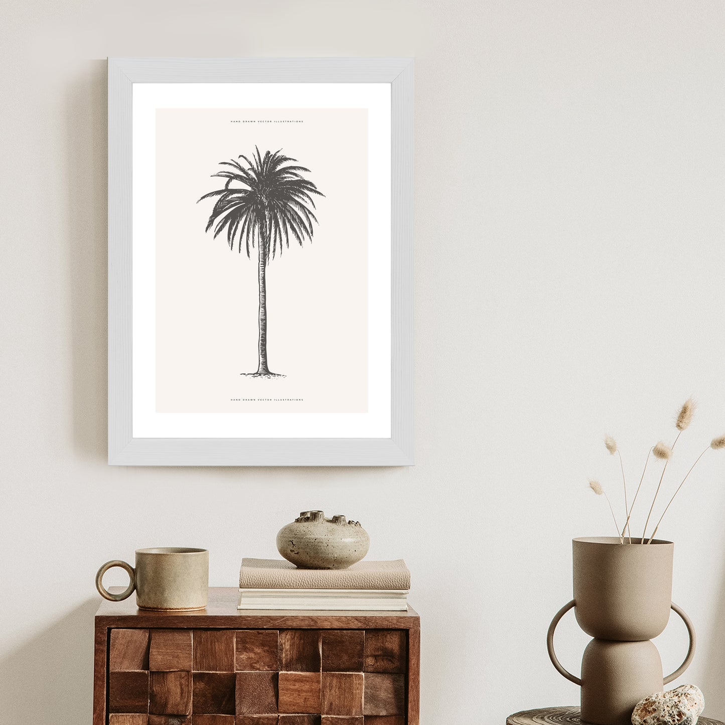 Poster Graue Vintage-Palmenillustration Rahmen Holz Mit Passepartout Farbe Natürlich