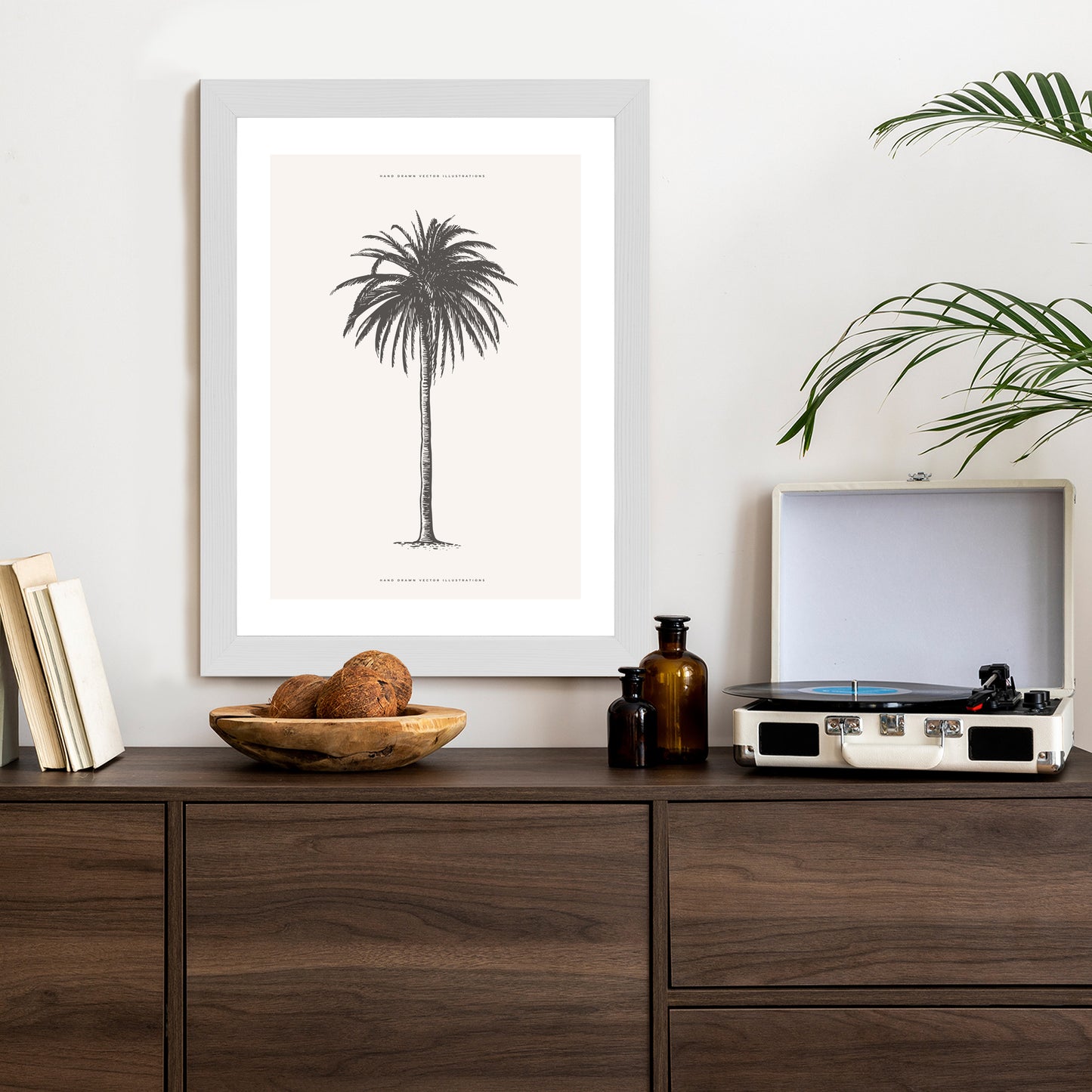 Poster Graue Vintage-Palmenillustration Rahmen Holz Mit Passepartout Farbe Natürlich