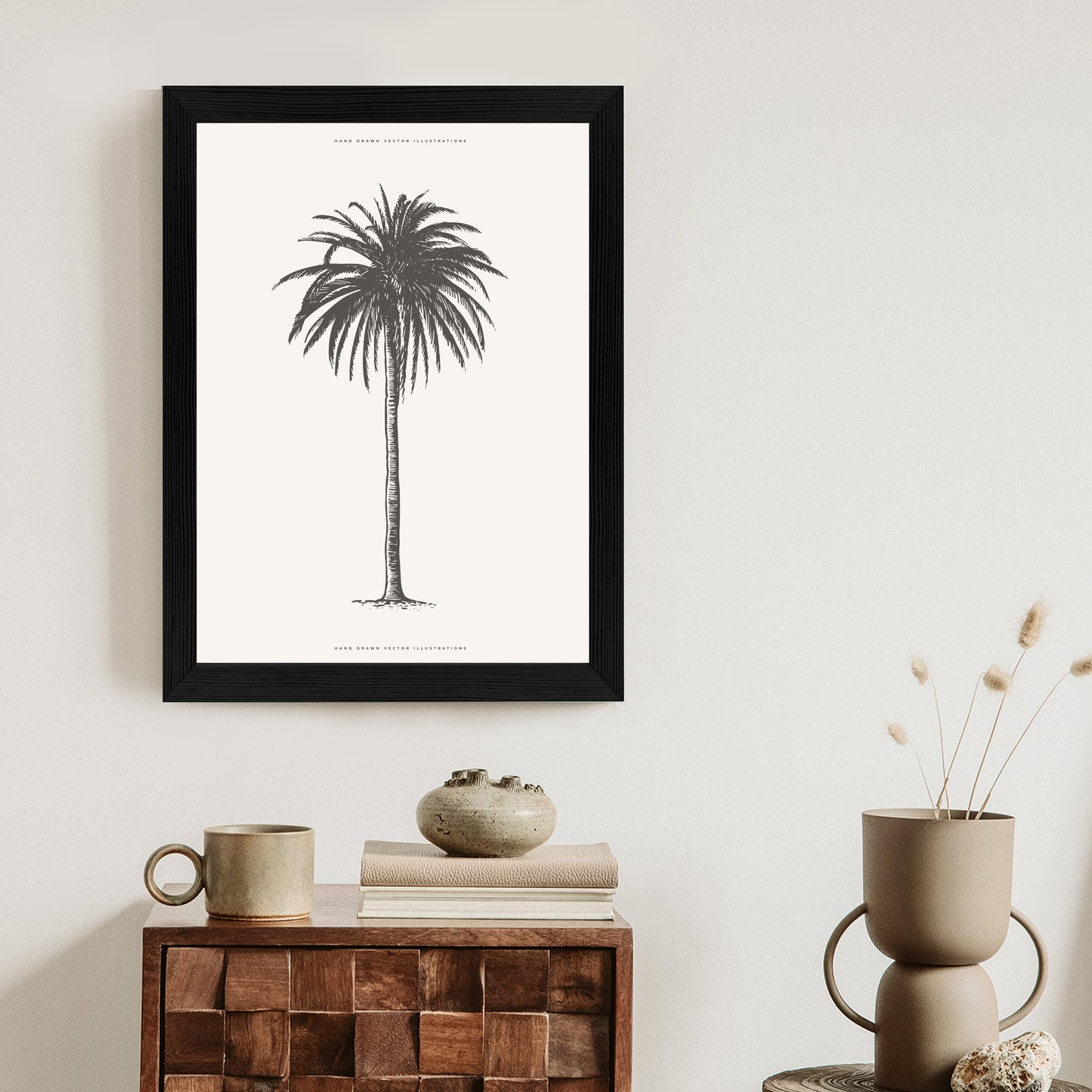 Poster Graue Vintage-Palmenillustration Rahmen Holz Mit Passepartout Farbe Natürlich