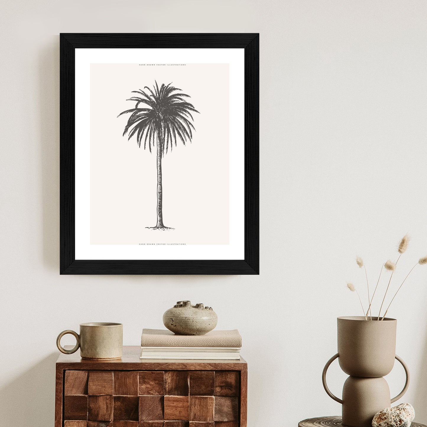 Poster Graue Vintage-Palmenillustration Rahmen Holz Mit Passepartout Farbe Natürlich