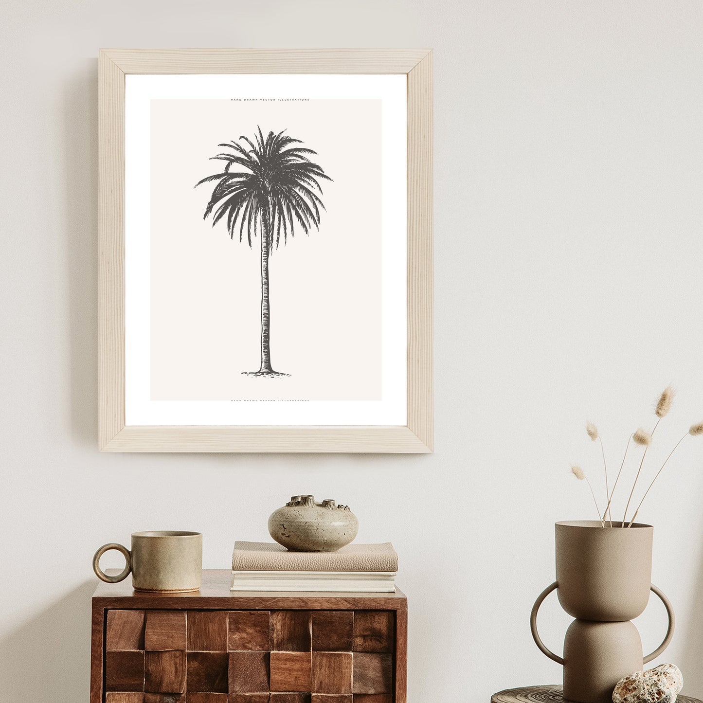 Poster Graue Vintage-Palmenillustration Rahmen Holz Mit Passepartout Farbe Natürlich