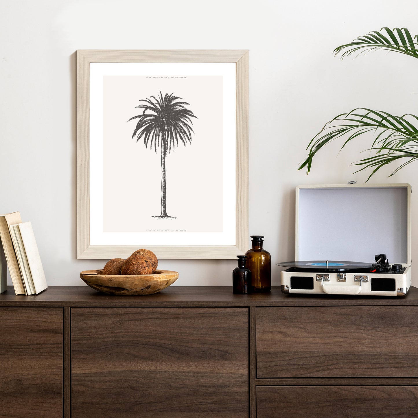 Poster Graue Vintage-Palmenillustration Rahmen Holz Mit Passepartout Farbe Natürlich