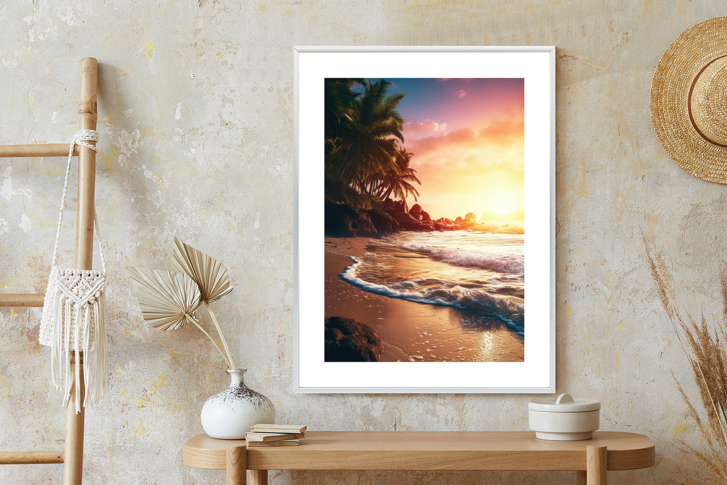 Poster Meeresstrand Und Palmen Rahmen Holz Mit Passepartout Farbe Natürlich