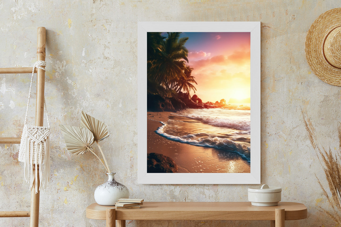 Poster Meeresstrand Und Palmen Rahmen Holz Mit Passepartout Farbe Natürlich