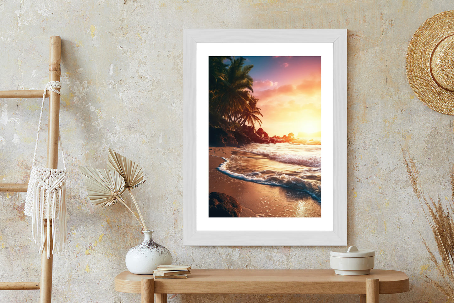 Poster Meeresstrand Und Palmen Rahmen Holz Mit Passepartout Farbe Natürlich