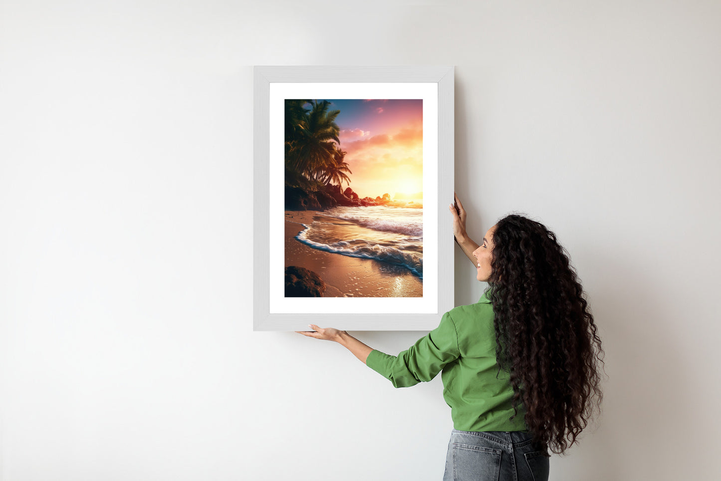 Poster Meeresstrand Und Palmen Rahmen Holz Mit Passepartout Farbe Natürlich