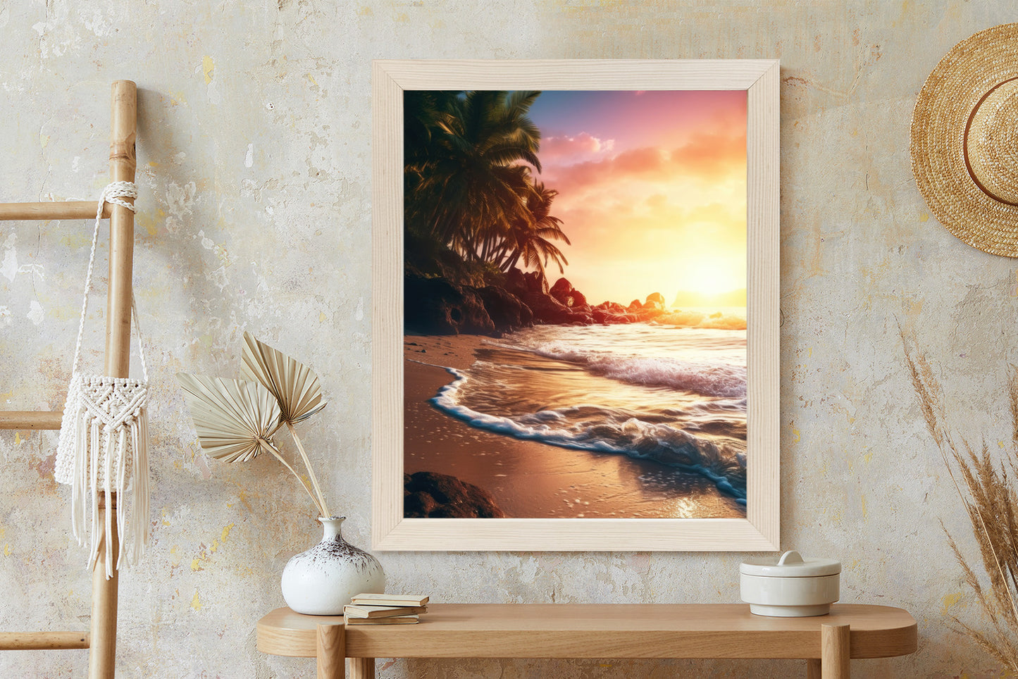 Poster Meeresstrand Und Palmen Rahmen Holz Mit Passepartout Farbe Natürlich