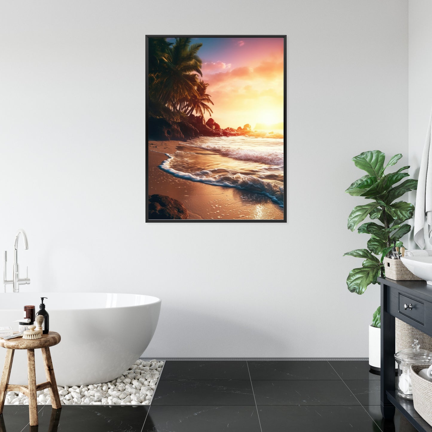 Poster Meeresstrand Und Palmen Rahmen Holz Mit Passepartout Farbe Natürlich