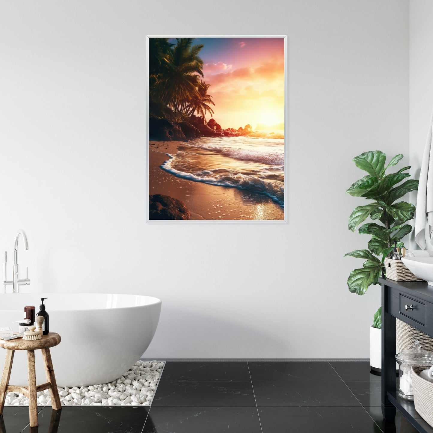 Poster Meeresstrand Und Palmen Rahmen Holz Mit Passepartout Farbe Natürlich