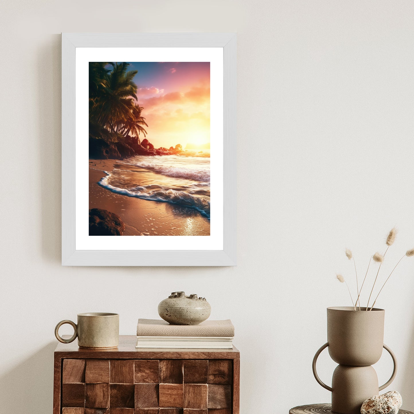 Poster Meeresstrand Und Palmen Rahmen Holz Mit Passepartout Farbe Natürlich