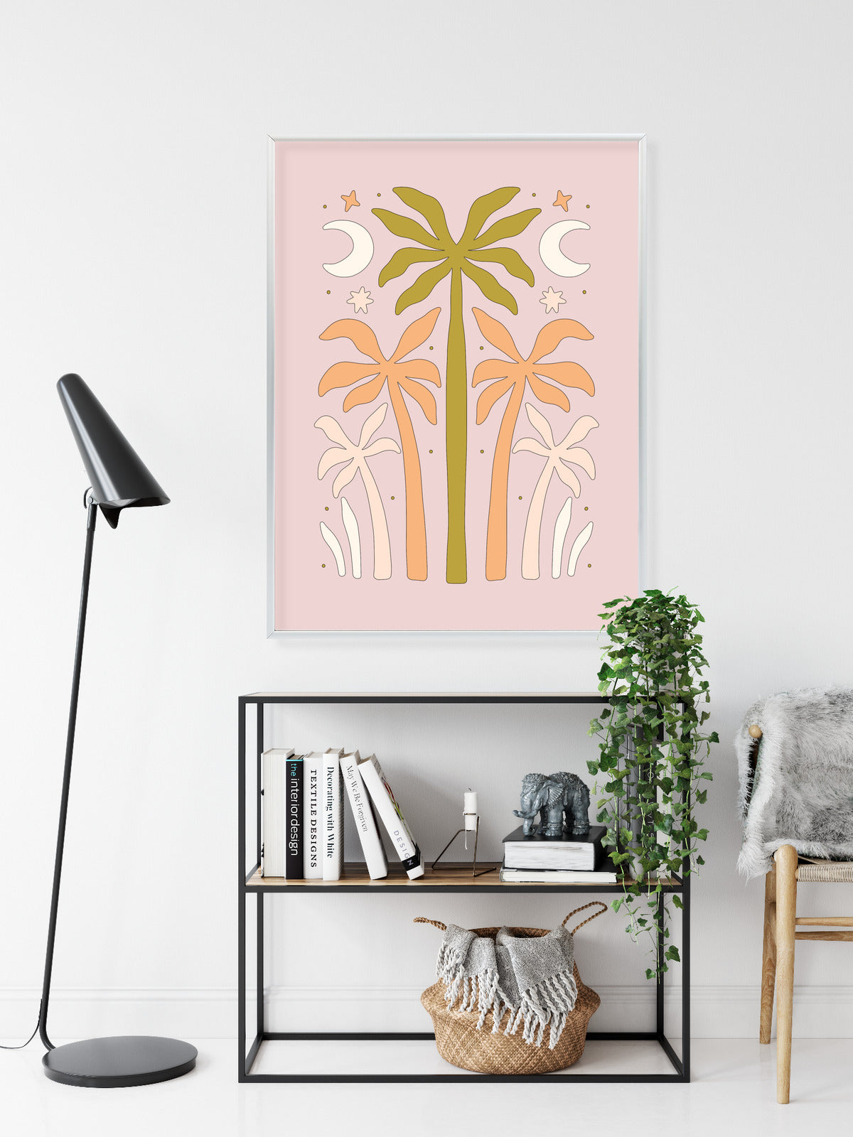 Poster Retro-Palmen Und Monde Rahmen Holz Mit Passepartout Farbe Natürlich