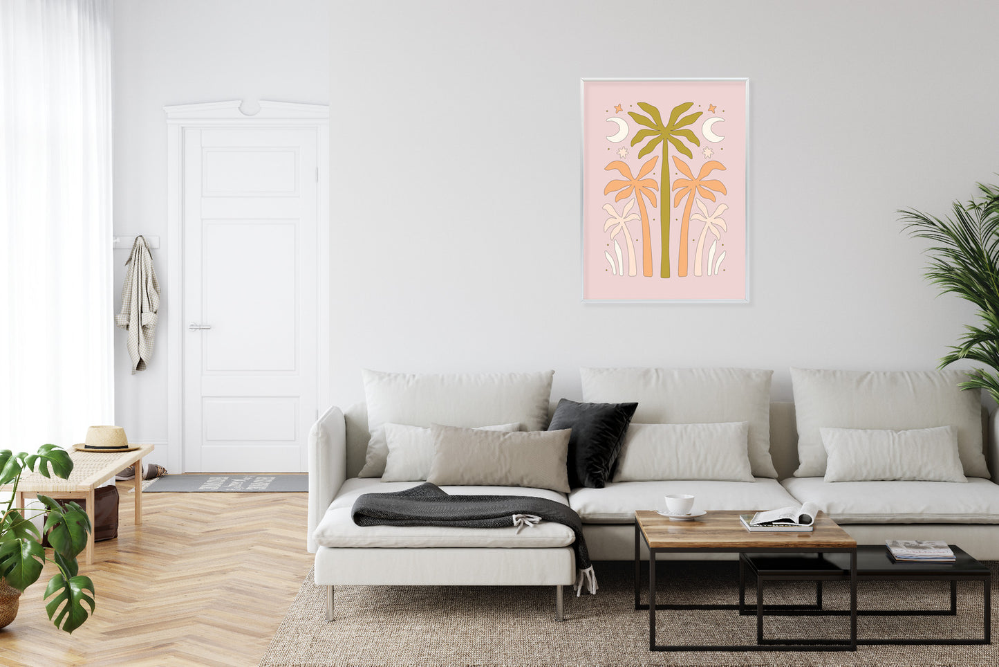 Poster Retro-Palmen Und Monde Rahmen Holz Mit Passepartout Farbe Natürlich