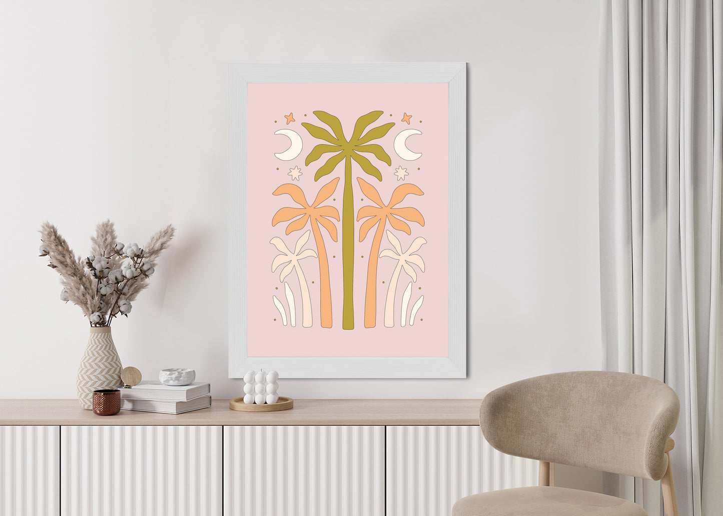 Poster Retro-Palmen Und Monde Rahmen Holz Mit Passepartout Farbe Natürlich