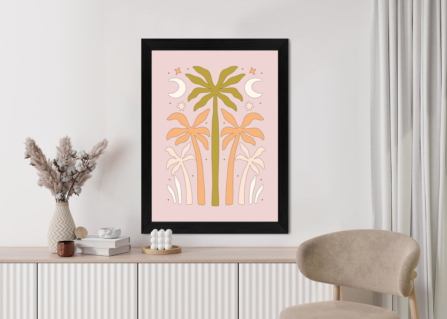 Poster Retro-Palmen Und Monde Rahmen Holz Mit Passepartout Farbe Natürlich