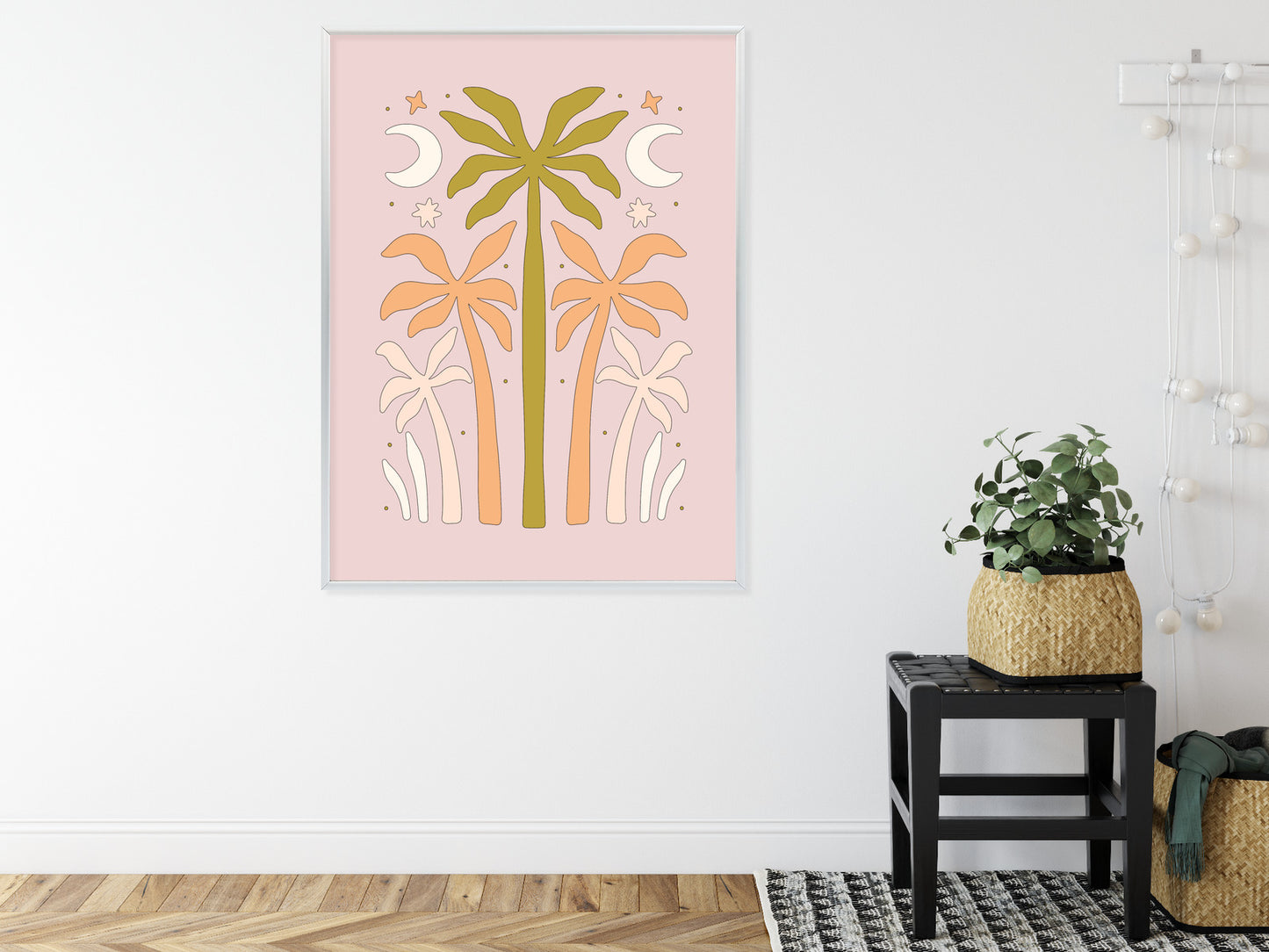 Poster Retro-Palmen Und Monde Rahmen Holz Mit Passepartout Farbe Natürlich