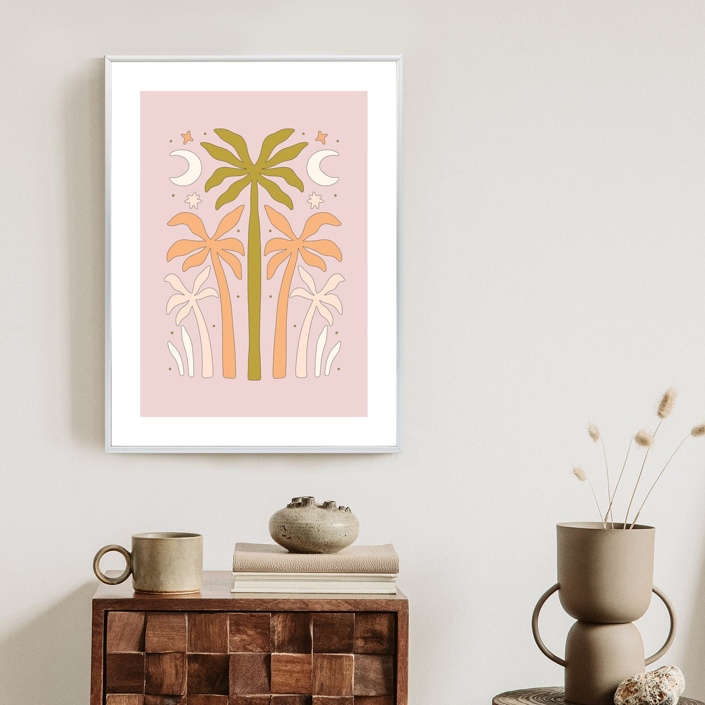Poster Retro-Palmen Und Monde Rahmen Holz Mit Passepartout Farbe Natürlich