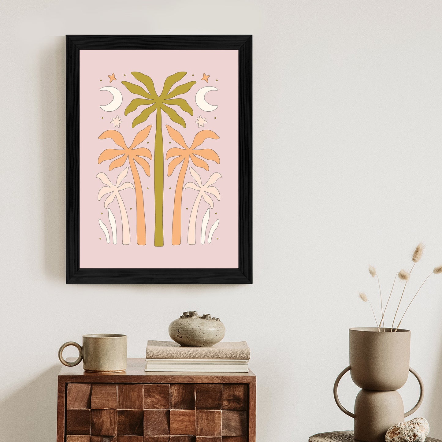 Poster Retro-Palmen Und Monde Rahmen Holz Mit Passepartout Farbe Natürlich