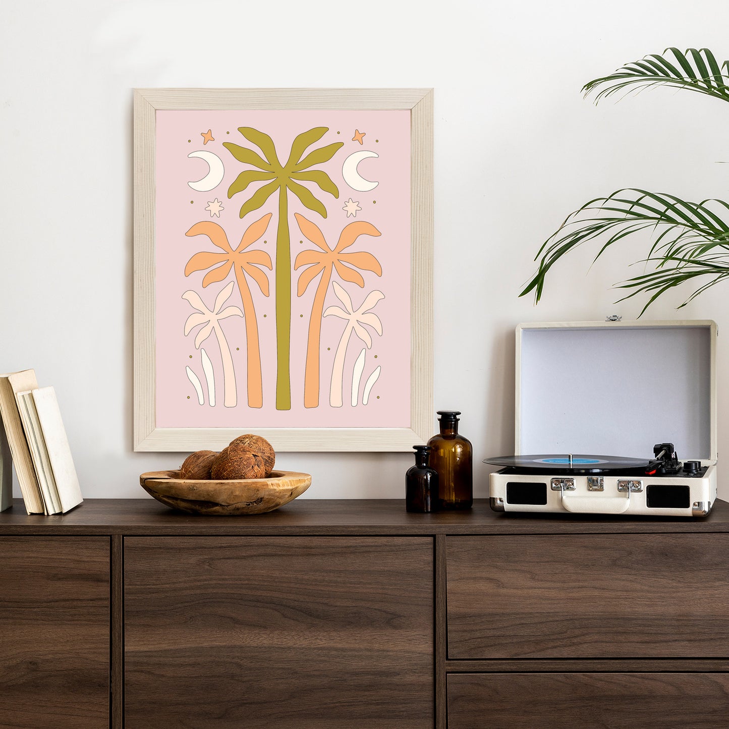 Poster Retro-Palmen Und Monde Rahmen Holz Mit Passepartout Farbe Natürlich