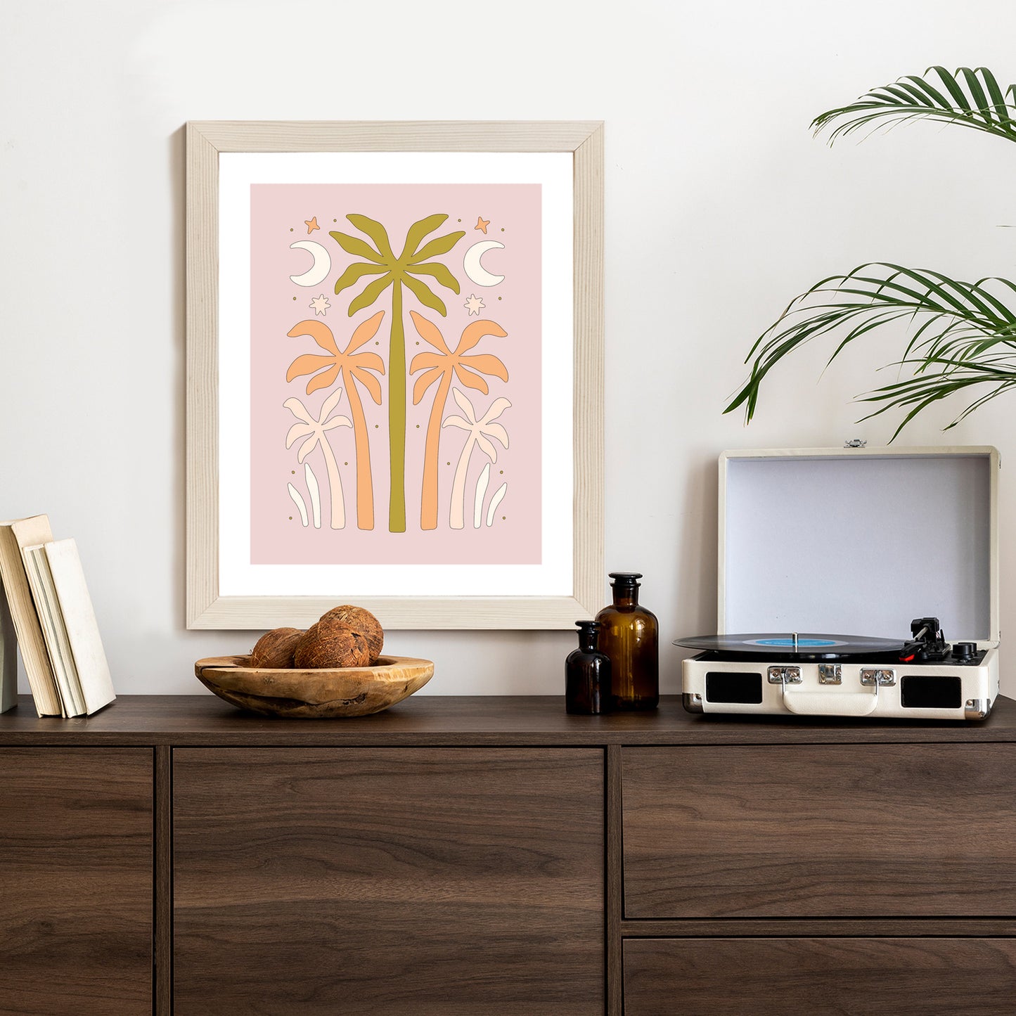 Poster Retro-Palmen Und Monde Rahmen Holz Mit Passepartout Farbe Natürlich