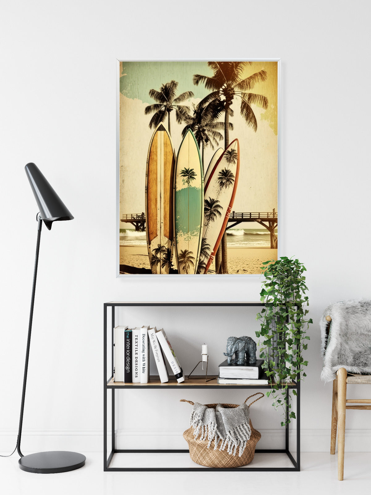 Poster Surfbretter Am Strand, Die Sich An Palmen Lehnen Rahmen Holz Mit Passepartout Farbe Natürlich