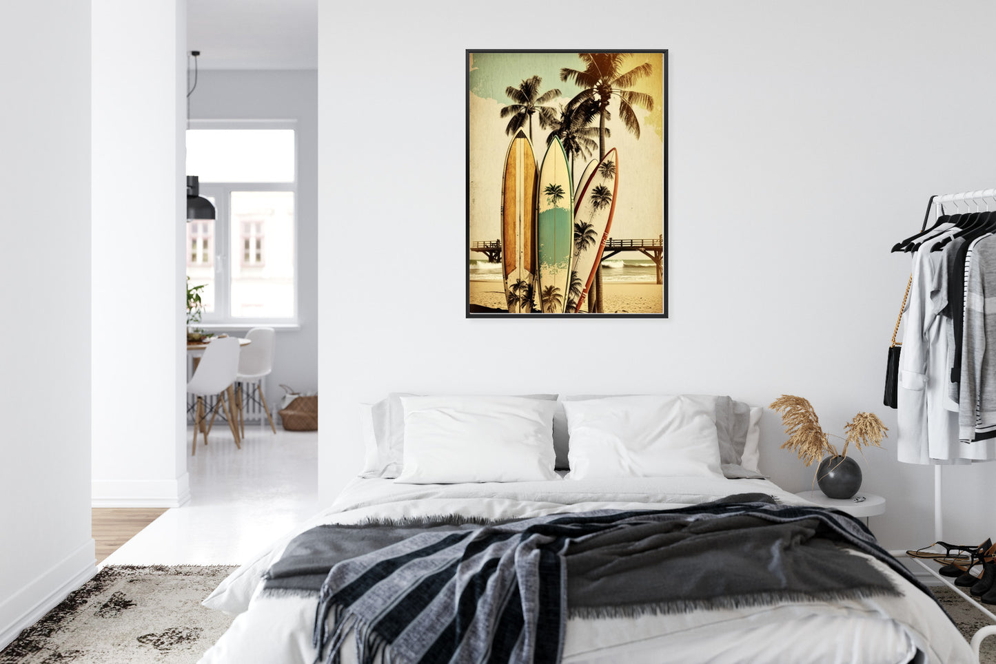 Poster Surfbretter Am Strand, Die Sich An Palmen Lehnen Rahmen Holz Mit Passepartout Farbe Natürlich