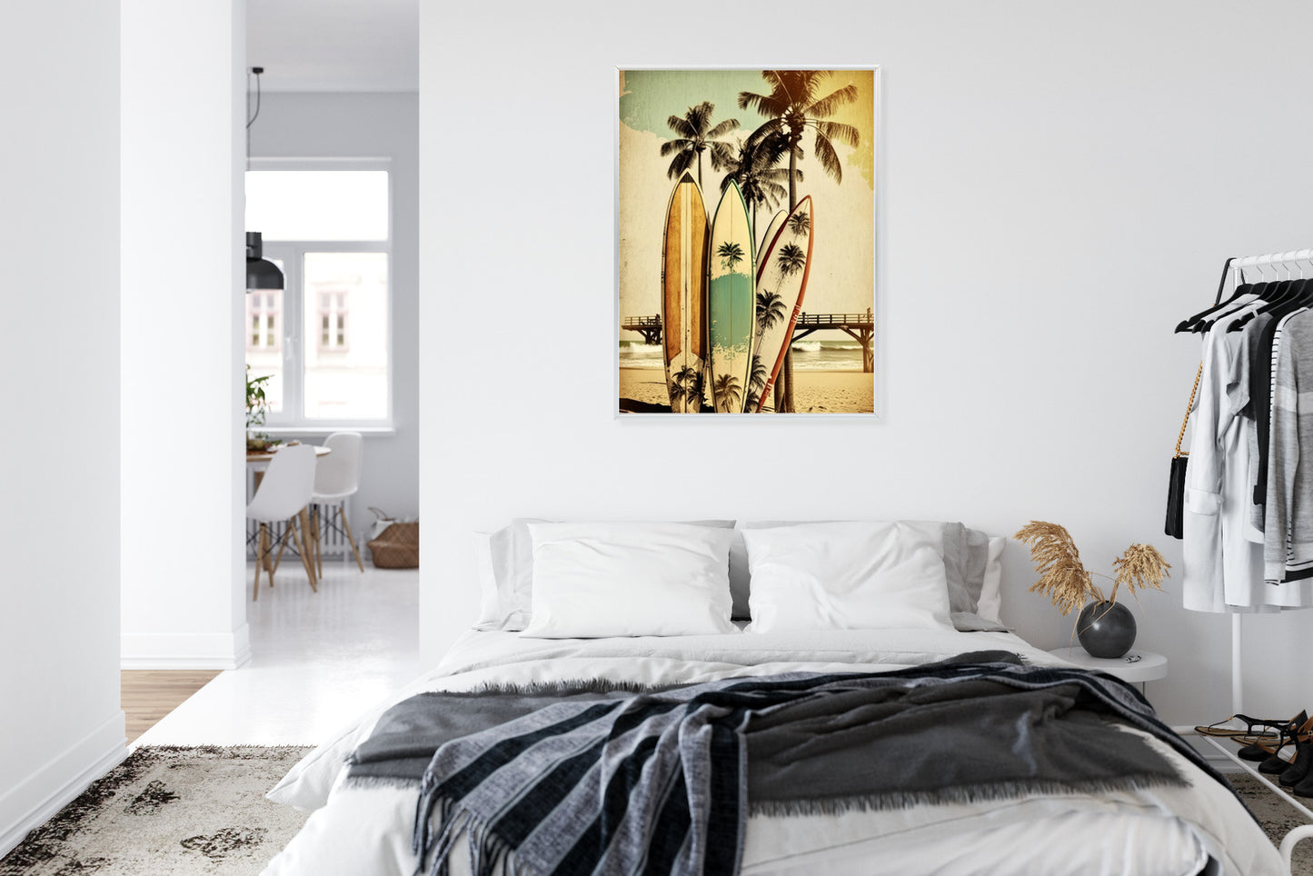 Poster Surfbretter Am Strand, Die Sich An Palmen Lehnen Rahmen Holz Mit Passepartout Farbe Natürlich