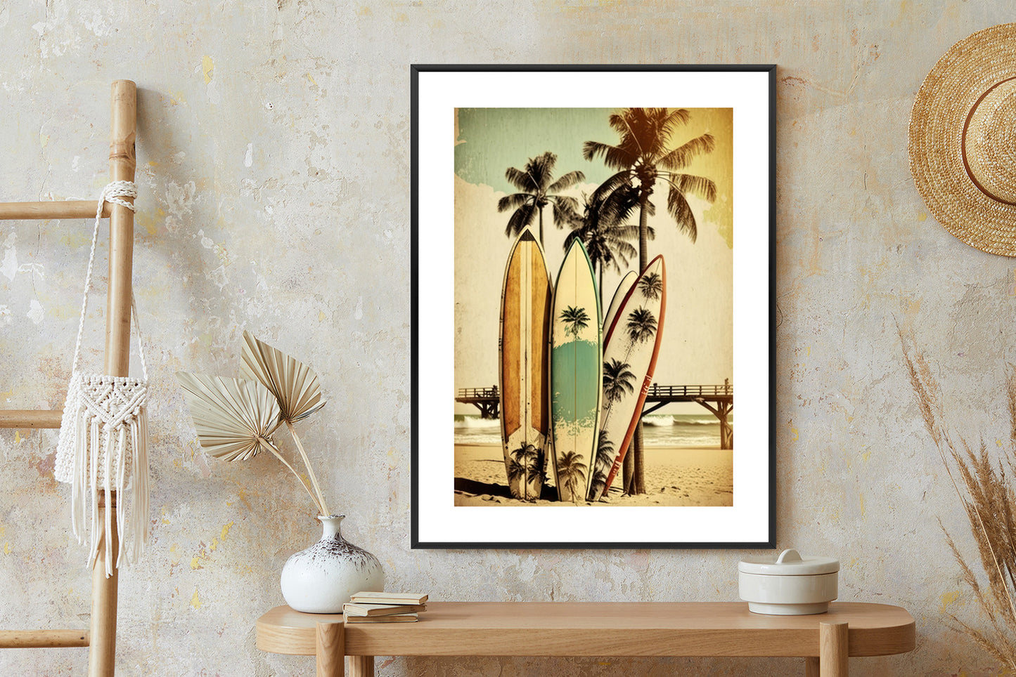 Poster Surfbretter Am Strand, Die Sich An Palmen Lehnen Rahmen Holz Mit Passepartout Farbe Natürlich