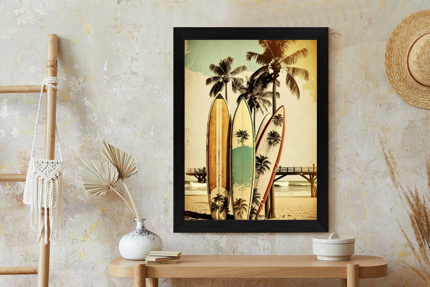 Poster Surfbretter Am Strand, Die Sich An Palmen Lehnen Rahmen Holz Mit Passepartout Farbe Natürlich