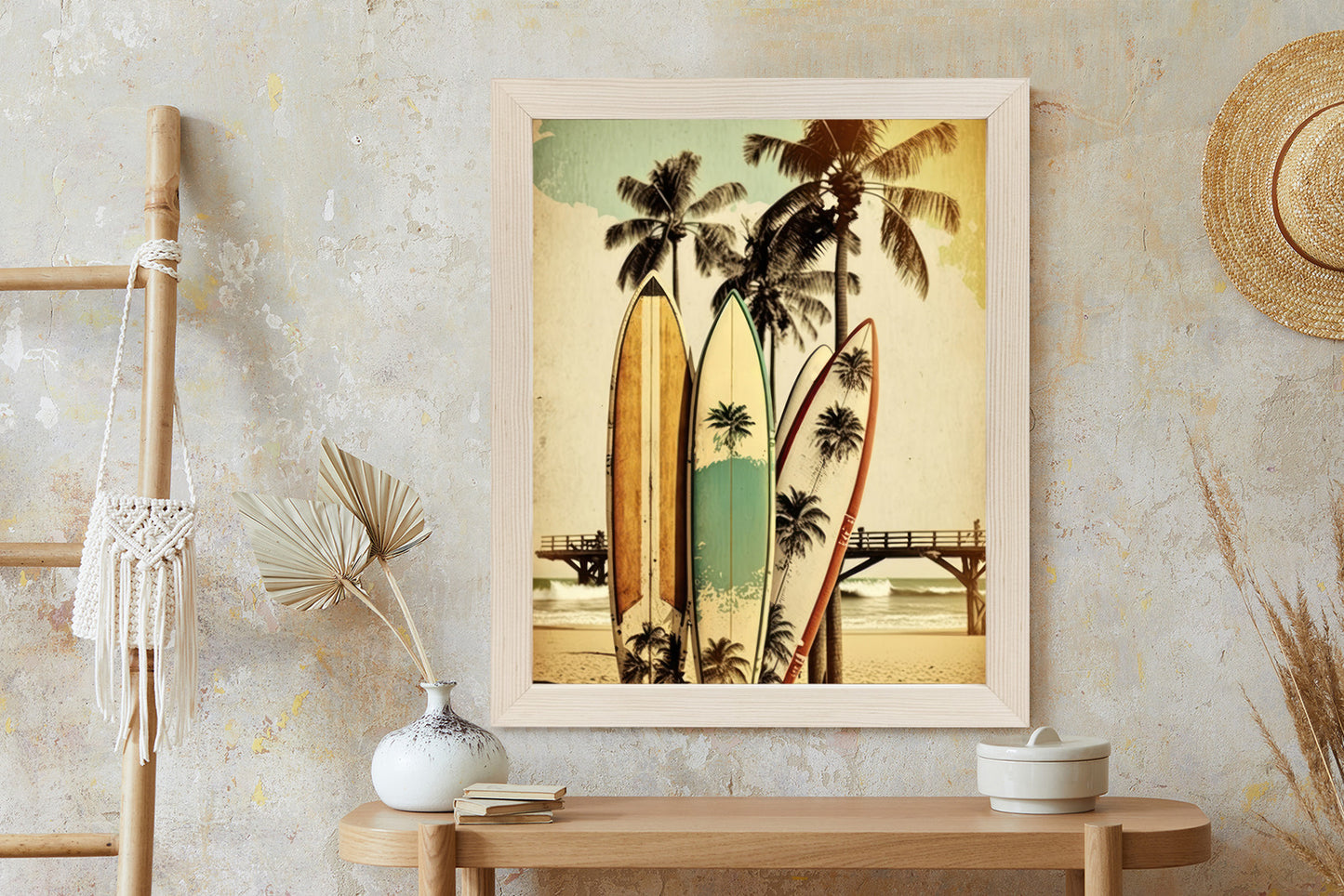 Poster Surfbretter Am Strand, Die Sich An Palmen Lehnen Rahmen Holz Mit Passepartout Farbe Natürlich
