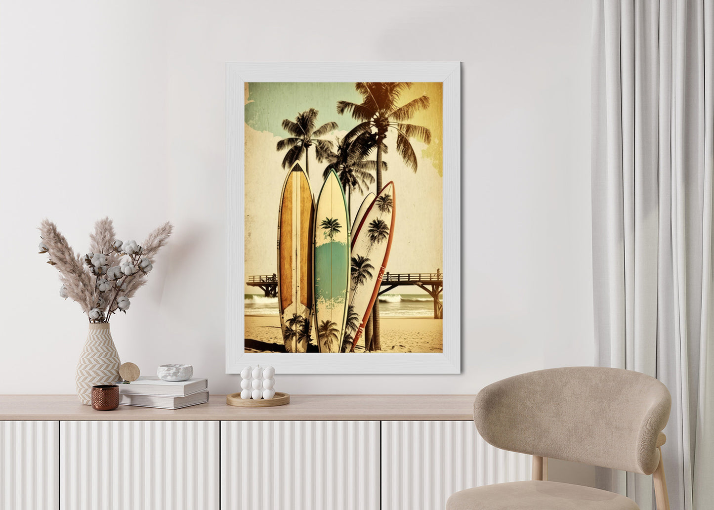 Poster Surfbretter Am Strand, Die Sich An Palmen Lehnen Rahmen Holz Mit Passepartout Farbe Natürlich