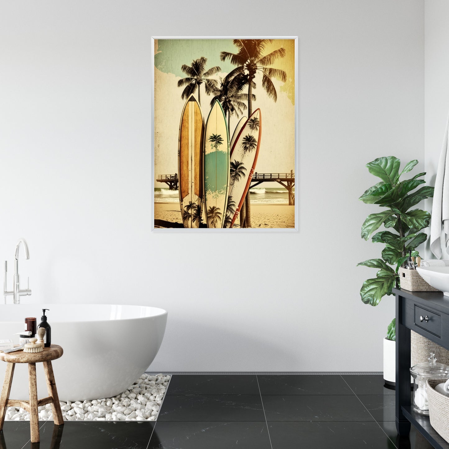 Poster Surfbretter Am Strand, Die Sich An Palmen Lehnen Rahmen Holz Mit Passepartout Farbe Natürlich