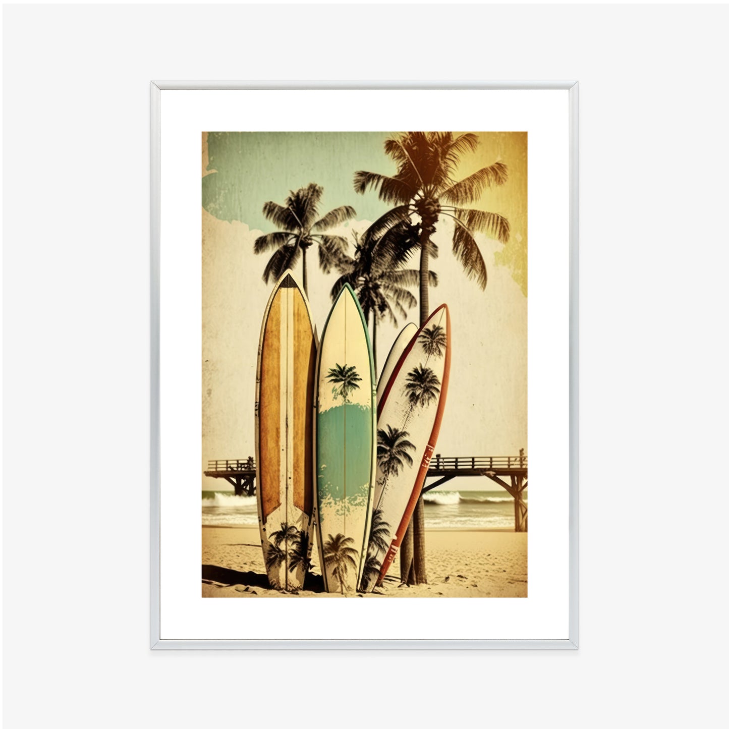 Poster Surfbretter Am Strand, Die Sich An Palmen Lehnen Rahmen Holz Mit Passepartout Farbe Natürlich