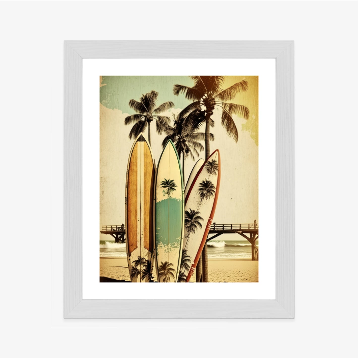Poster Surfbretter Am Strand, Die Sich An Palmen Lehnen Rahmen Holz Mit Passepartout Farbe Natürlich