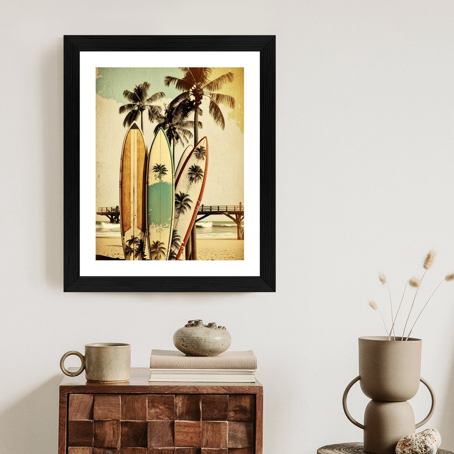 Poster Surfbretter Am Strand, Die Sich An Palmen Lehnen Rahmen Holz Mit Passepartout Farbe Natürlich