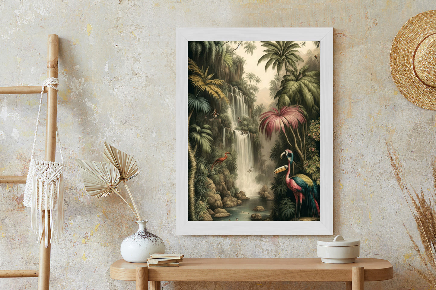 Poster Dschungelpalmen Und Tropische Tiere Rahmen Holz Mit Passepartout Farbe Natürlich