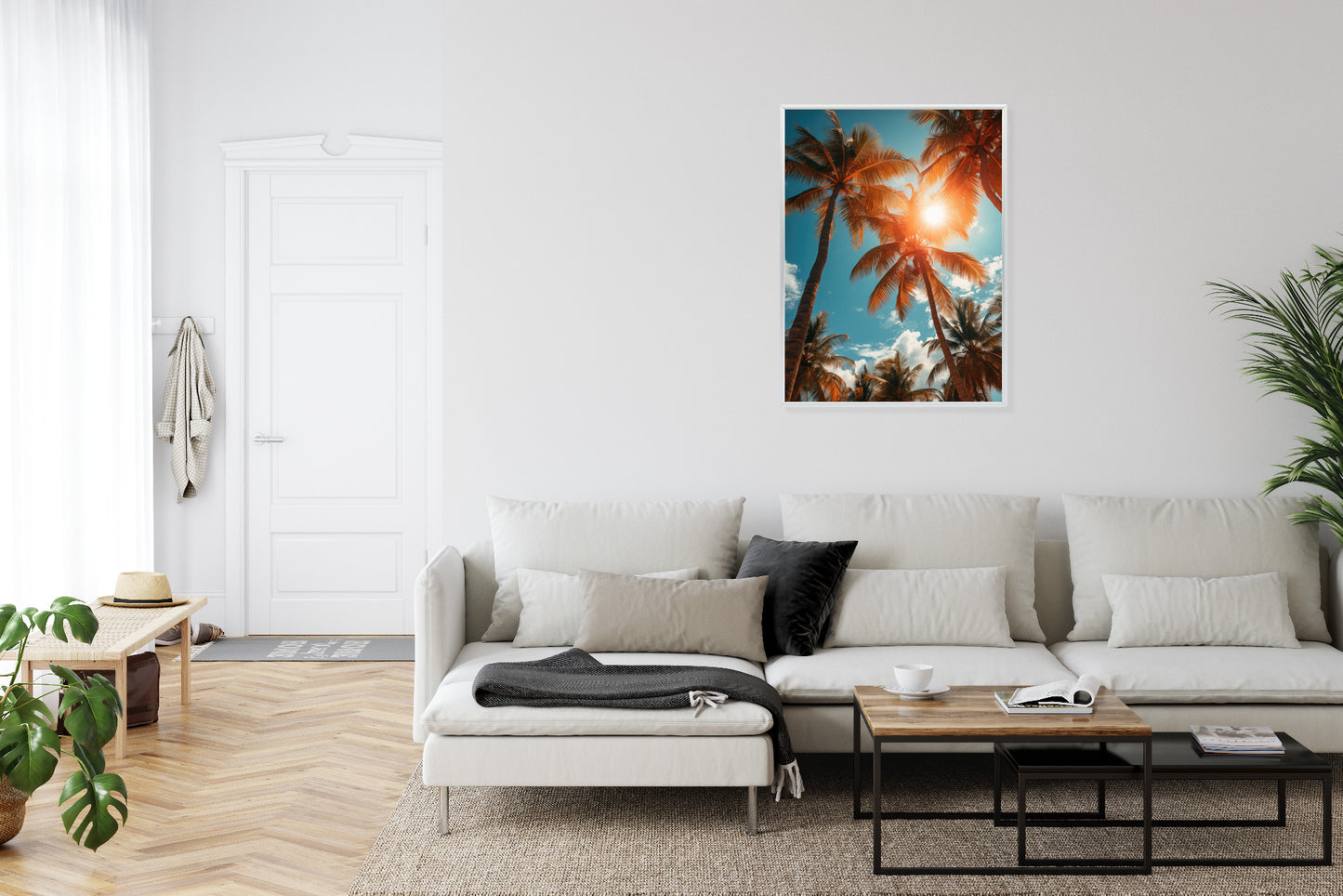 Poster Die Sonne Scheint Durch Hohe Palmen Rahmen Holz Mit Passepartout Farbe Natürlich