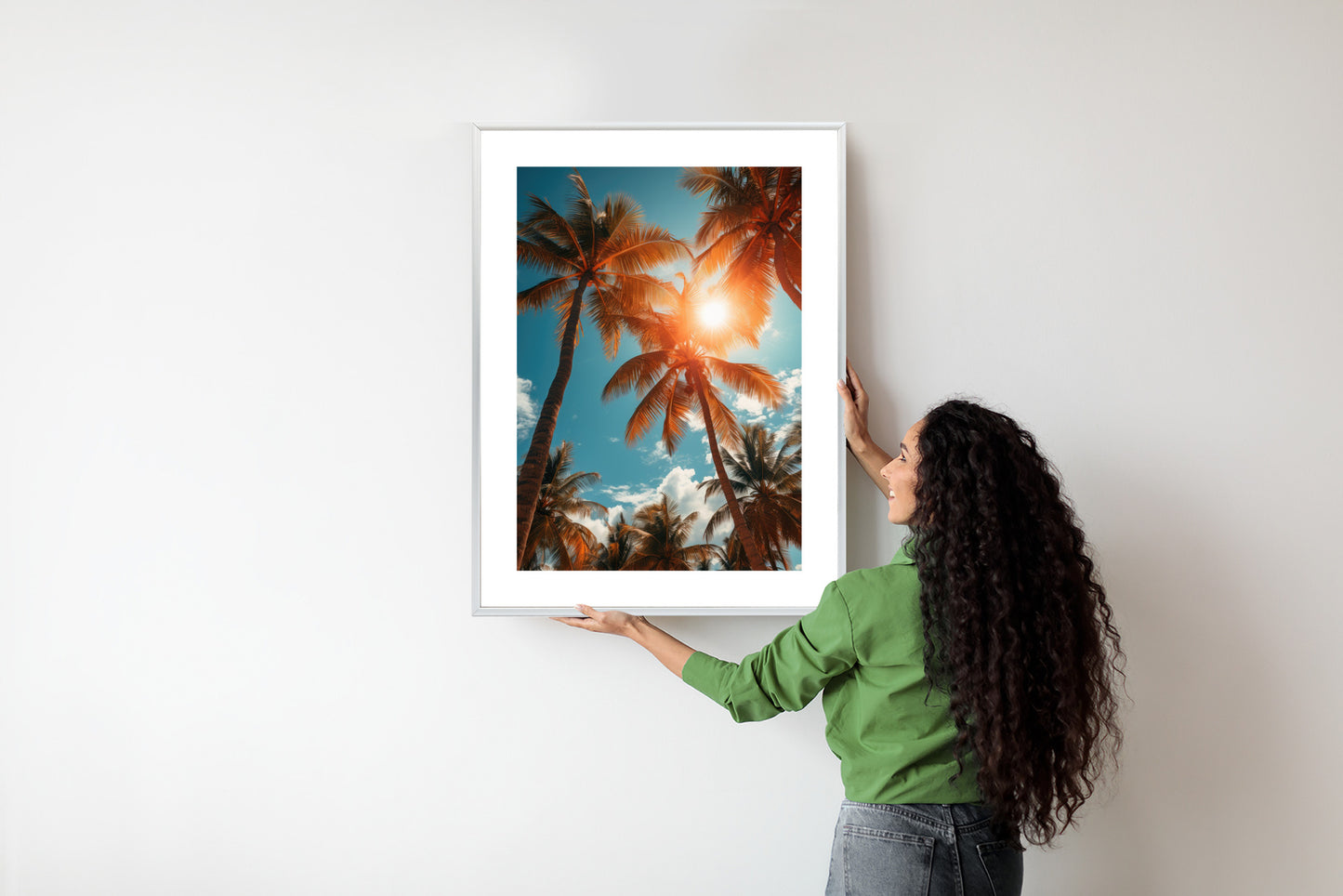 Poster Die Sonne Scheint Durch Hohe Palmen Rahmen Holz Mit Passepartout Farbe Natürlich