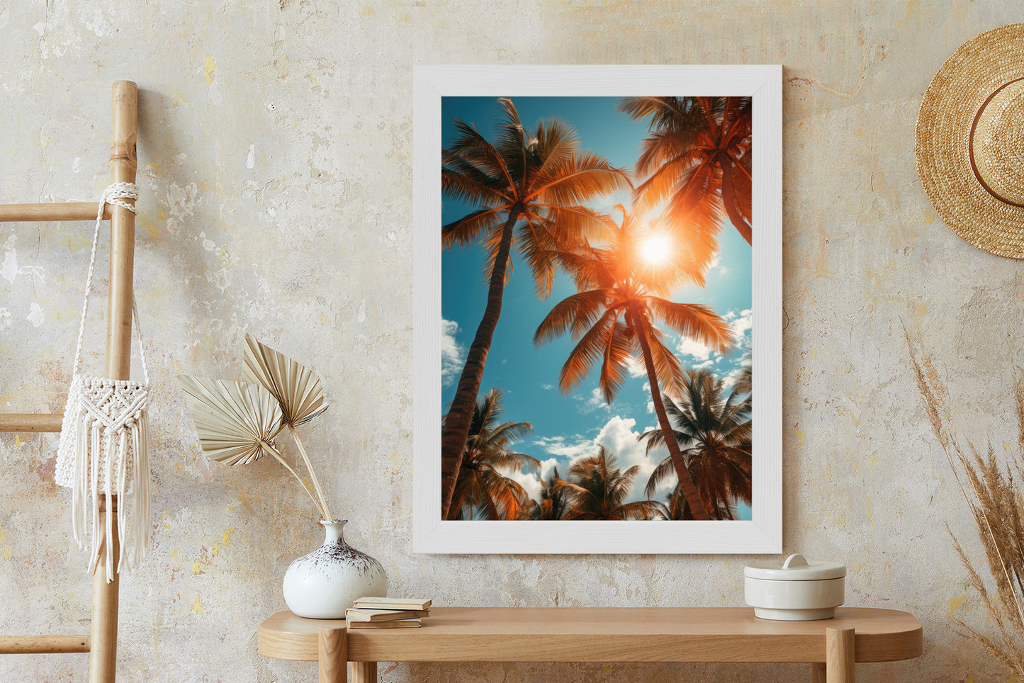 Poster Die Sonne Scheint Durch Hohe Palmen Rahmen Holz Mit Passepartout Farbe Natürlich