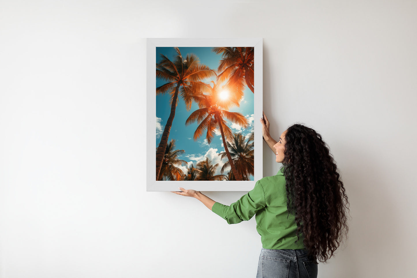 Poster Die Sonne Scheint Durch Hohe Palmen Rahmen Holz Mit Passepartout Farbe Natürlich
