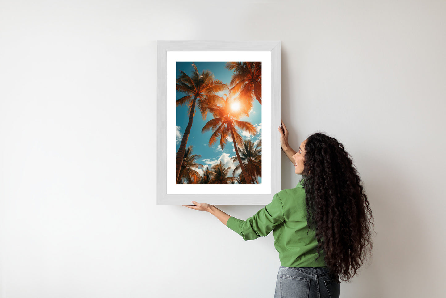 Poster Die Sonne Scheint Durch Hohe Palmen Rahmen Holz Mit Passepartout Farbe Natürlich