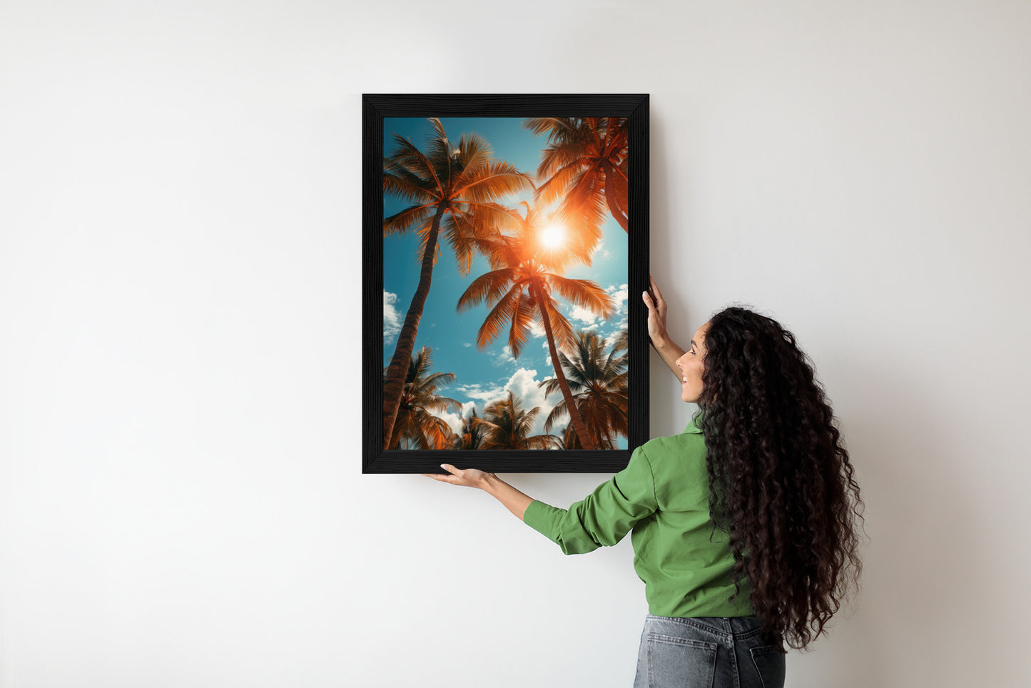 Poster Die Sonne Scheint Durch Hohe Palmen Rahmen Holz Mit Passepartout Farbe Natürlich