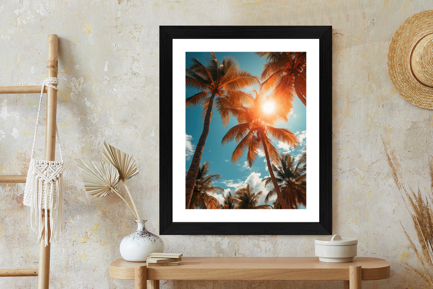 Poster Die Sonne Scheint Durch Hohe Palmen Rahmen Holz Mit Passepartout Farbe Natürlich