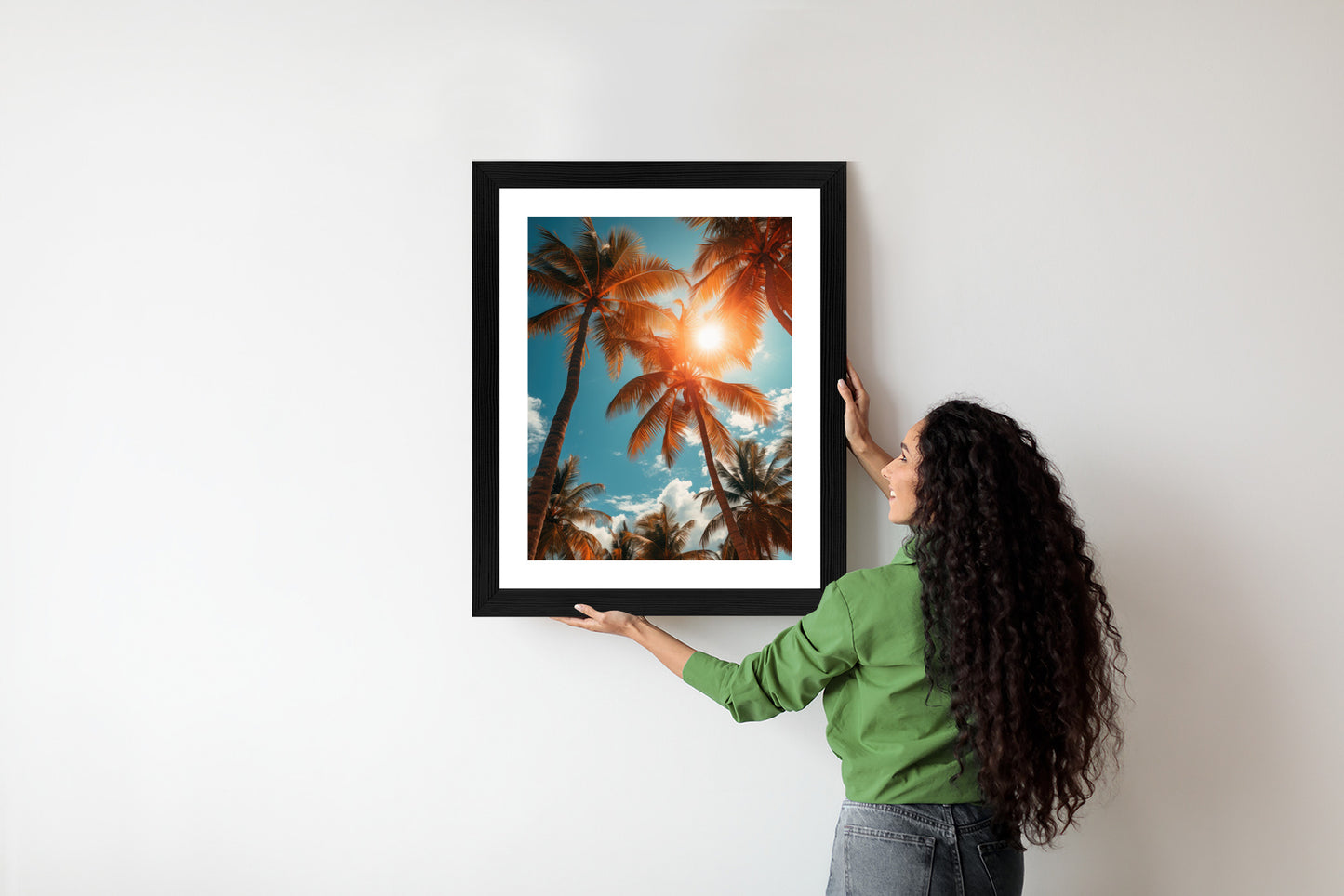 Poster Die Sonne Scheint Durch Hohe Palmen Rahmen Holz Mit Passepartout Farbe Natürlich