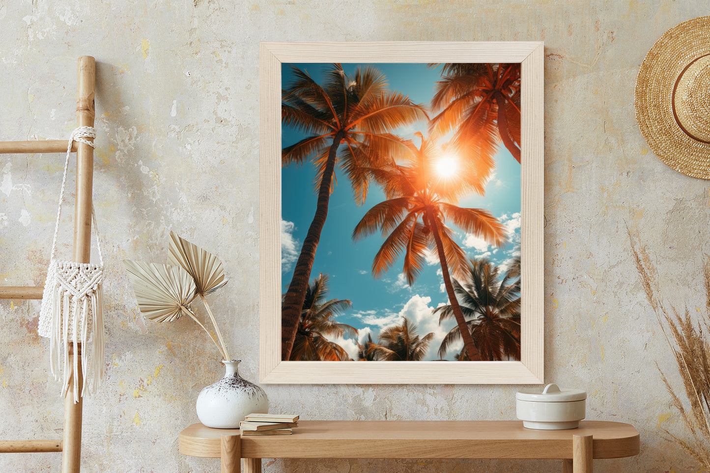 Poster Die Sonne Scheint Durch Hohe Palmen Rahmen Holz Mit Passepartout Farbe Natürlich