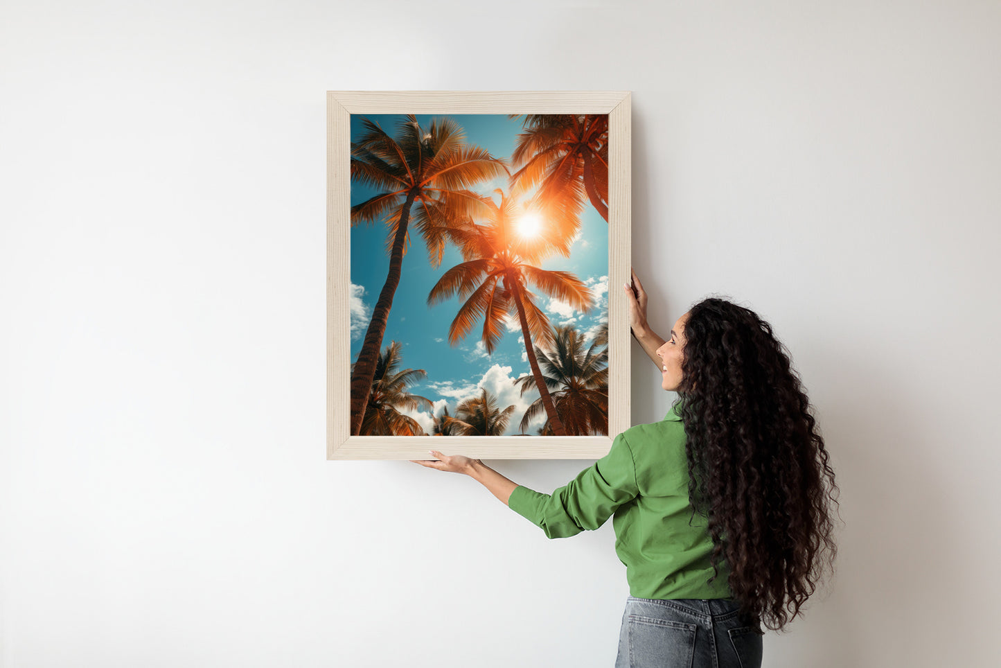 Poster Die Sonne Scheint Durch Hohe Palmen Rahmen Holz Mit Passepartout Farbe Natürlich