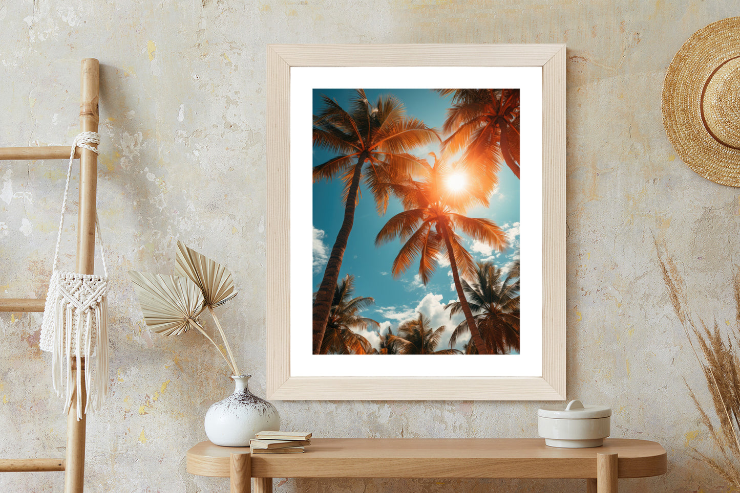 Poster Die Sonne Scheint Durch Hohe Palmen Rahmen Holz Mit Passepartout Farbe Natürlich