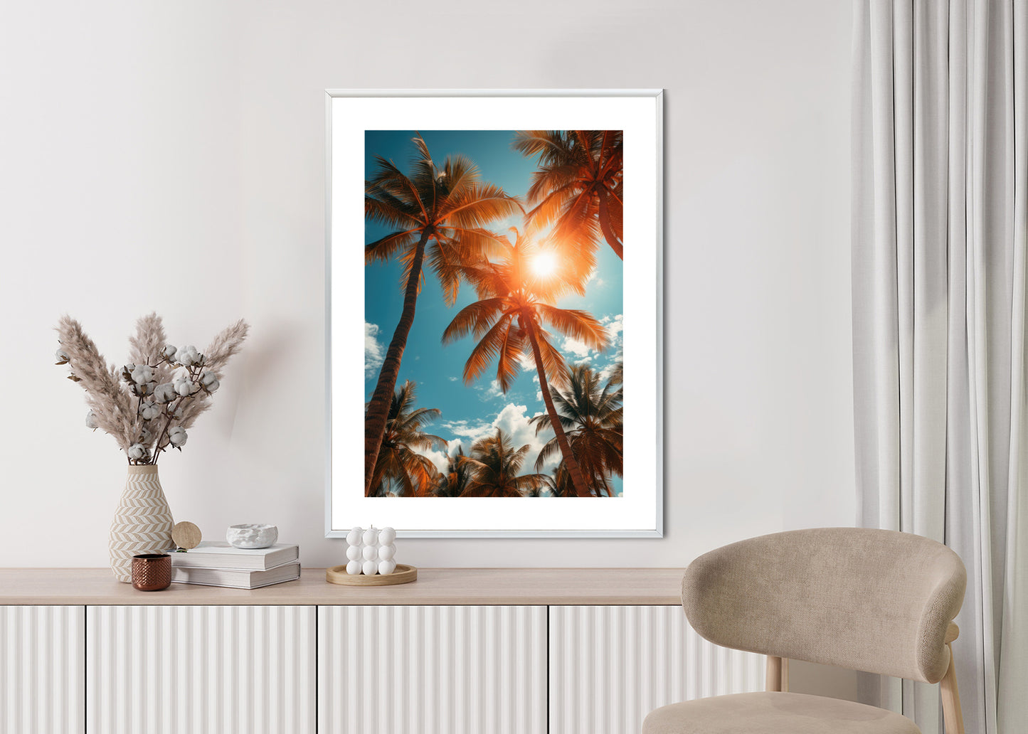 Poster Die Sonne Scheint Durch Hohe Palmen Rahmen Holz Mit Passepartout Farbe Natürlich